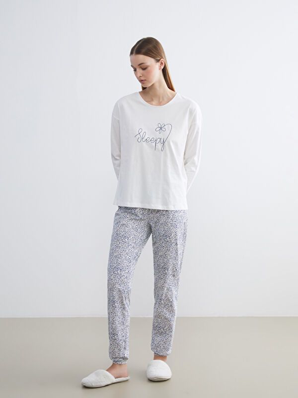 Moudda LC Waikiki - Pyjama en jersey manches longues Femme Imprimé écru - Tunisie 1