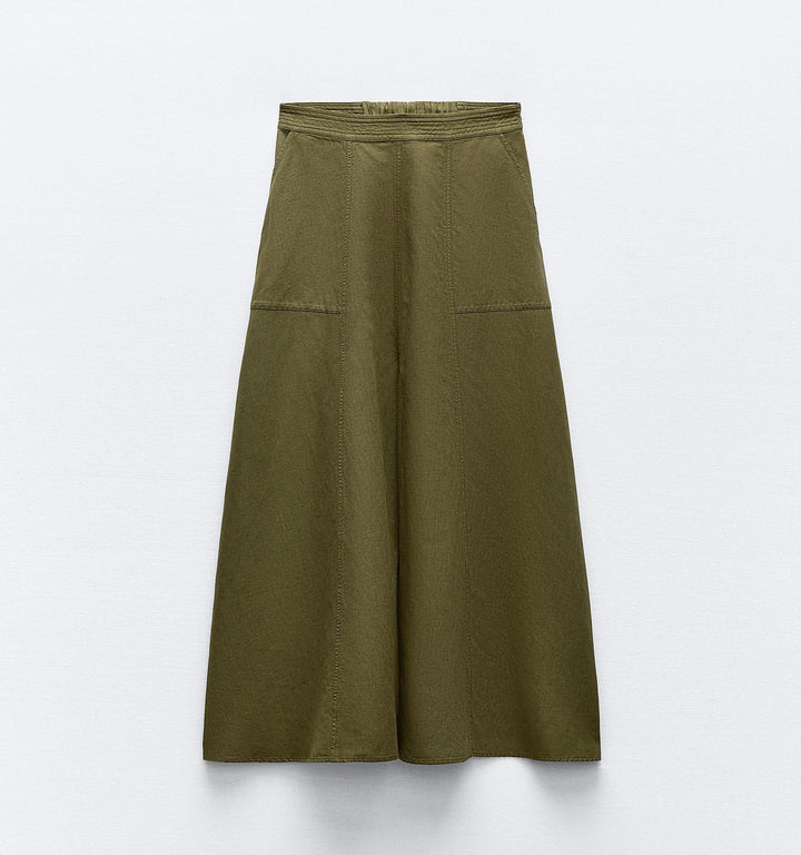 Moudda ZARA - Jupe mi-longue en lin/viscose, ceinture surpiquée, poches - Tunisie 1