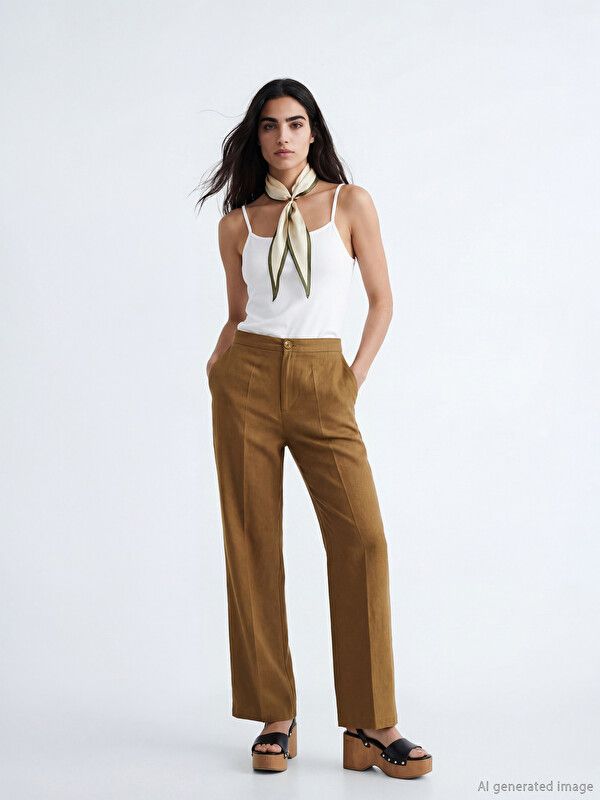 Moudda LC Waikiki - Pantalon fin en tissu pour Femme couleur Vert olive - Tunisie 1