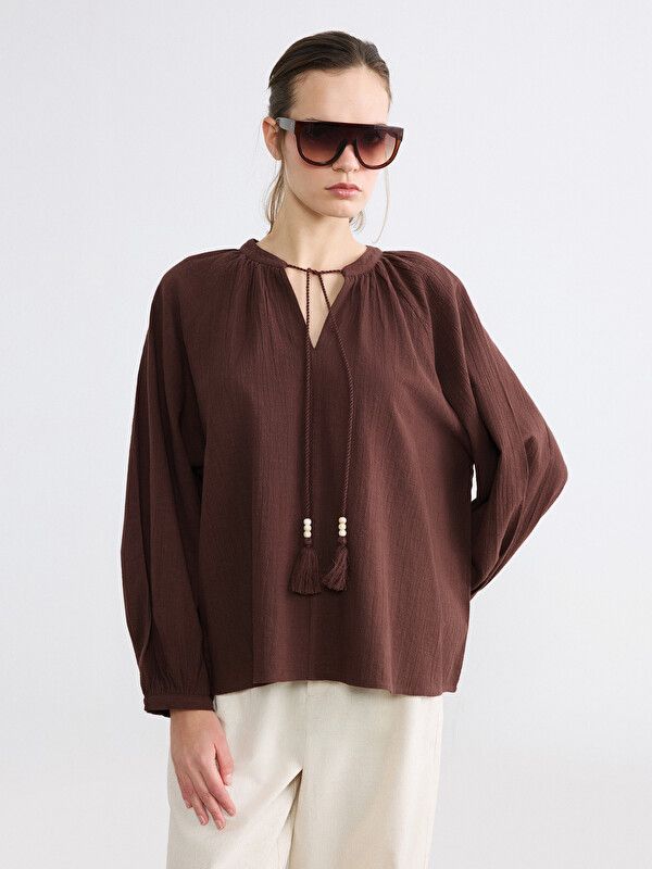 Moudda LC Waikiki - Chemisier (blouse) manches longues en tissu pour Femme couleur Marron chocolat - Tunisie 1