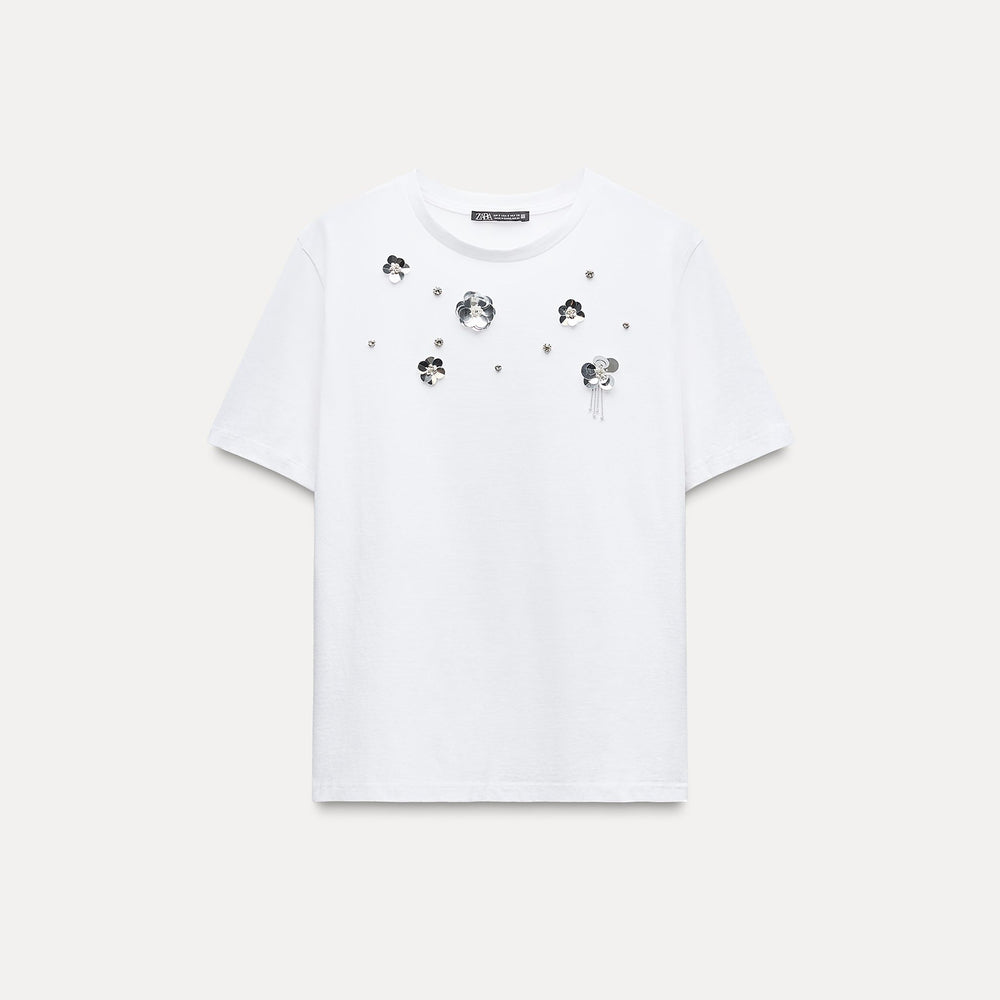 Moudda ZARA - T-shirt coton, perles et fleurs - Tunisie 2