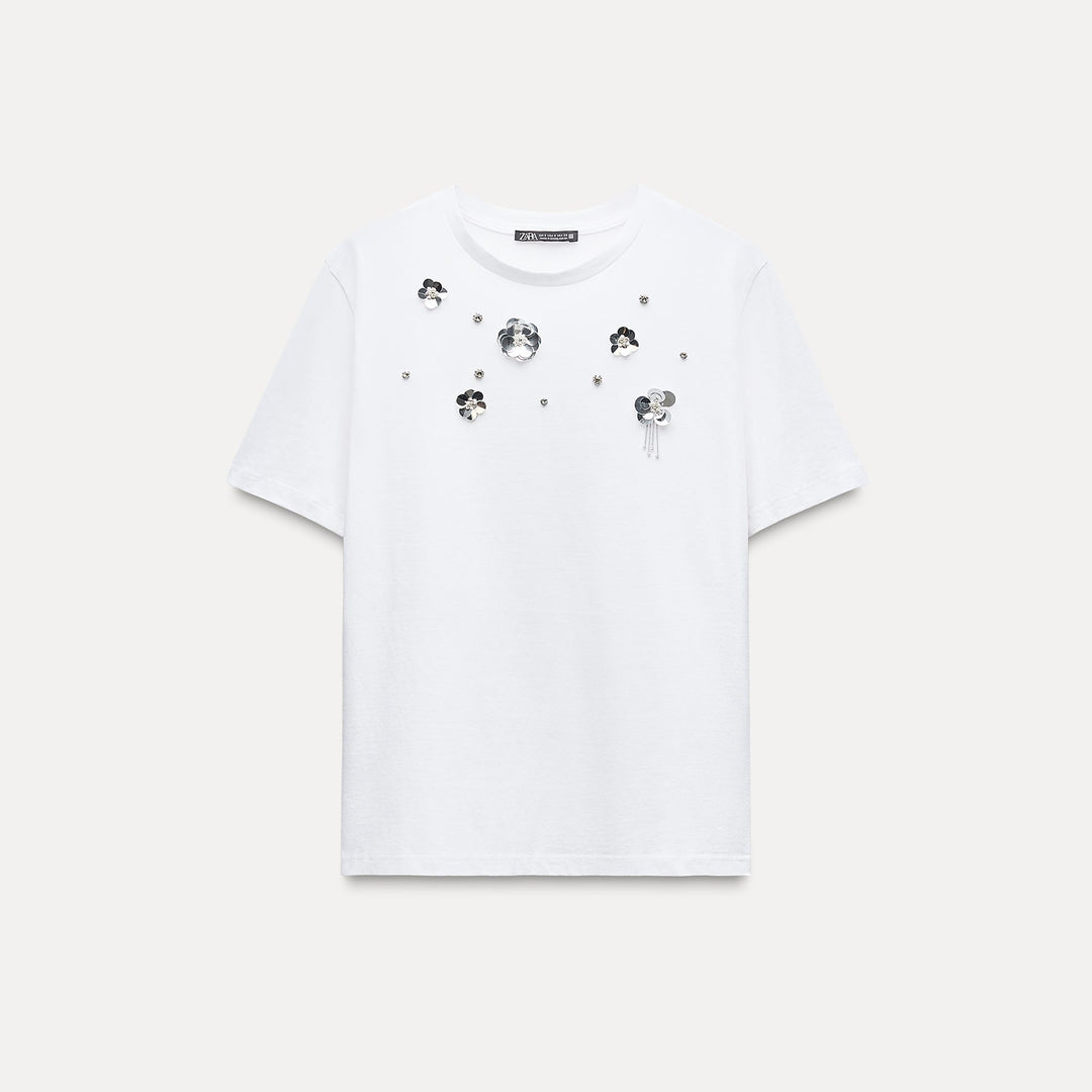 Moudda ZARA - T-shirt coton, perles et fleurs - Tunisie 2