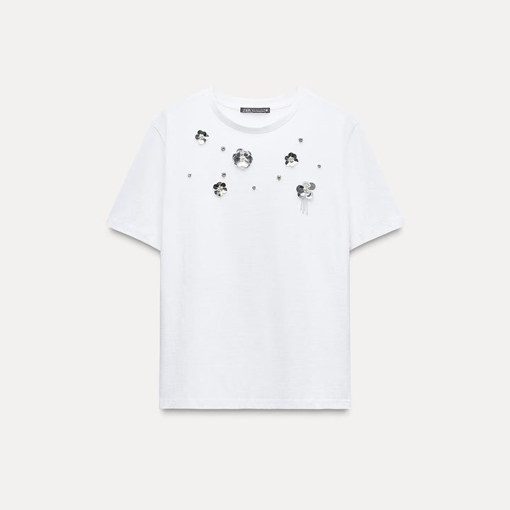 Moudda ZARA - T-shirt coton, perles et fleurs - Tunisie 2