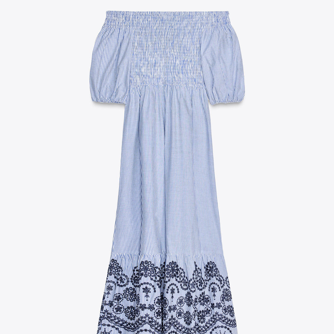 Moudda ZARA - Robe Midi - Rayure, Broderie Suisse, Off-Shoulder & Manches Bouffantes - Tunisie 2