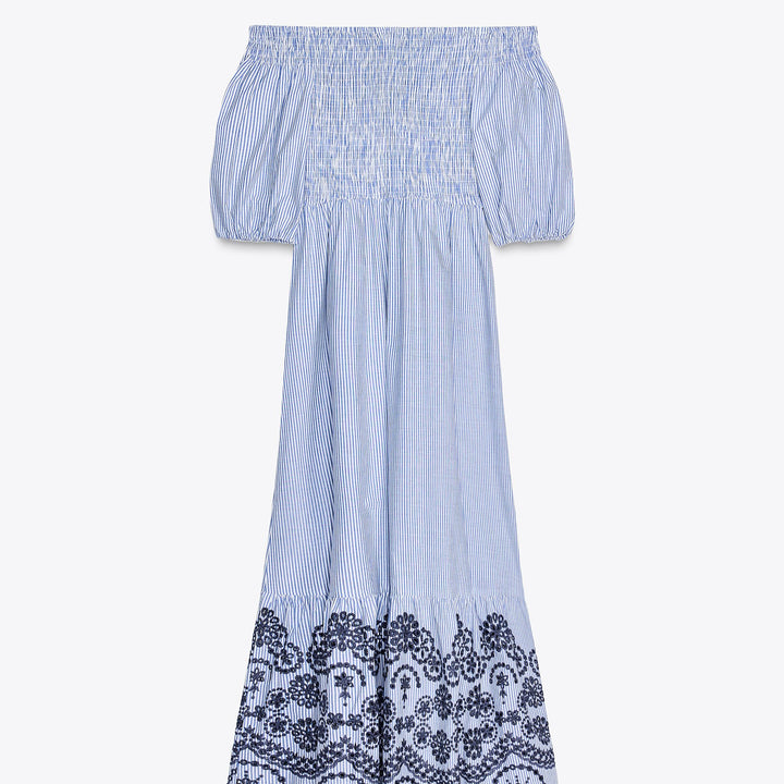 Moudda ZARA - Robe Midi - Rayure, Broderie Suisse, Off-Shoulder & Manches Bouffantes - Tunisie 2