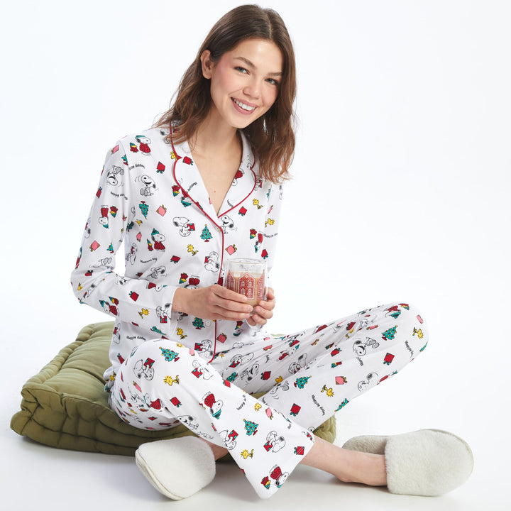 Moudda LC Waikiki - Pyjama en jersey manches longues Femme Imprimé écru - Tunisie 1