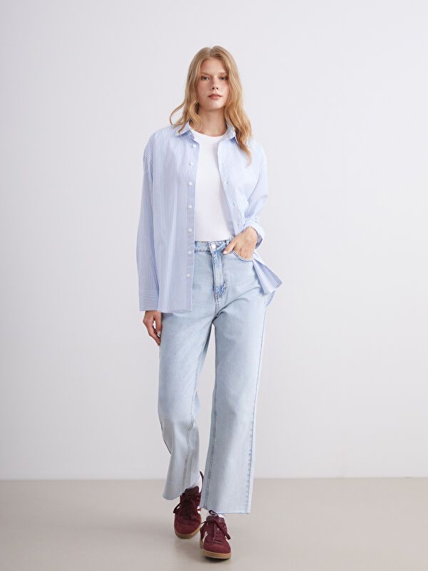 Moudda LC Waikiki - Chemise tissée manches longues Femme Bande bleu clair - Tunisie 2