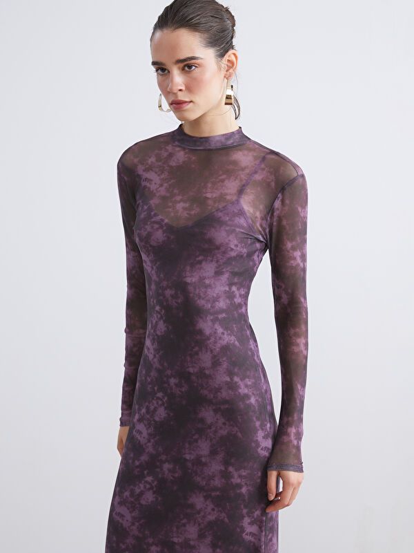 Moudda LC Waikiki - Robe en jersey manches longues Femme Imprimés bordeaux - Tunisie 2